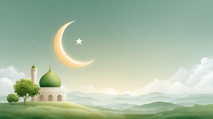 Pakistani crescent moon and star shining over mosque, August 14 Independence Day. Pakistan vector illustration banner, poster, template, post design.