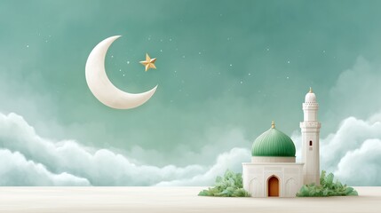 Pakistani crescent moon and star shining over mosque, August 14 Independence Day. Pakistan vector illustration banner, poster, template, post design.