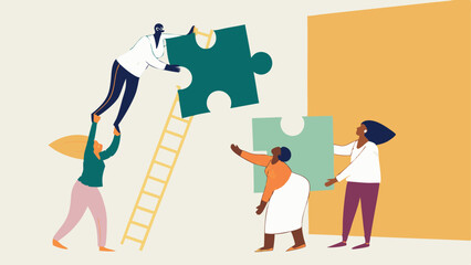 Diverse team collaborating on a puzzle depicting teamwork and problem solving within a business environment with solutions