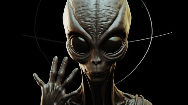 Alien looking at the camera on a black background. UFO. Humanoid. Alien. Sci Fi Concept With Copy Space.