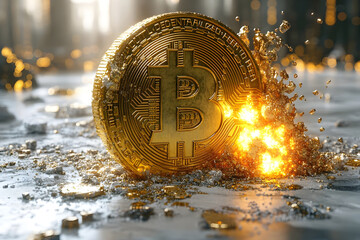 Exploding bitcoin cryptocurrency golden coin digital currency blockchain technology art
