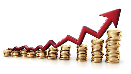 Financial growth chart with coins and arrow showing investment and profit increase