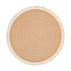 Round woven beige rug with fringe edge on white background  