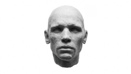 Black-and-white photograph of a sculptural head with detailed skin texture, png, transparent