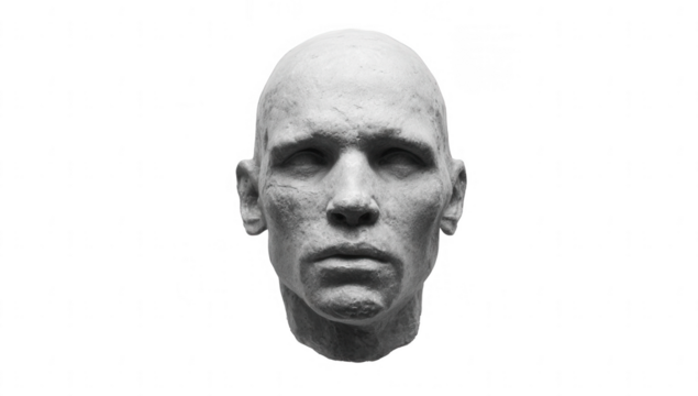 Black-and-white photograph of a sculptural head with detailed skin texture, png, transparent