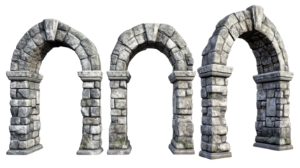Set of ancient stone archways with weathered on white background

