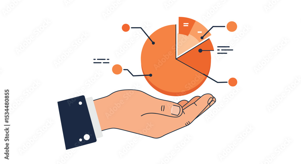 Aufkleber hand holding pie chart with data points and infographic elements vector illustration