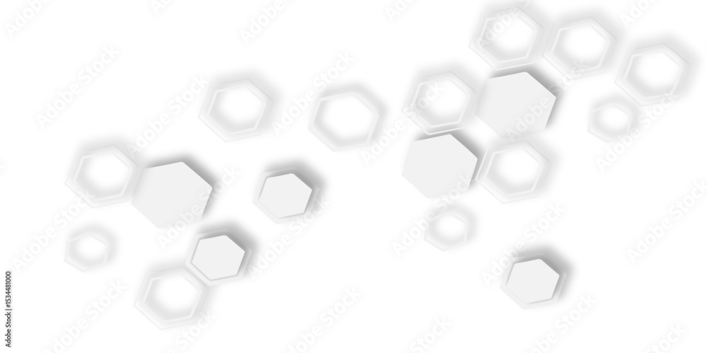 Poster floating white hexagons and circles with creating a subtle pattern soft shadows plain white backgrou