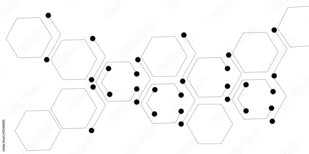 Poster connected white hexagons with black dots on a white background in a pattern format.