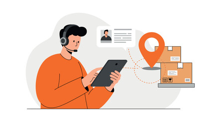 Young hispanic male courier using tablet for package tracking and delivery management vector illustration