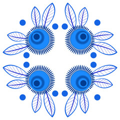 Square floral vector design element. Mandala of abstract blue flowers and leaves on white background. Delicate spring fantasy bouquet of flowers.