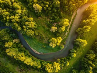 Obraz premium Winding river meandering through a lush green forest.