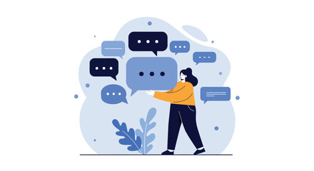 Female character engaging in online chat with speech bubbles vector illustration