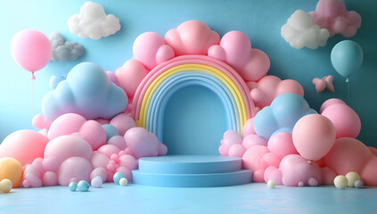 Pastel rainbow cloud balloon backdrop product display stand for baby shower birthday