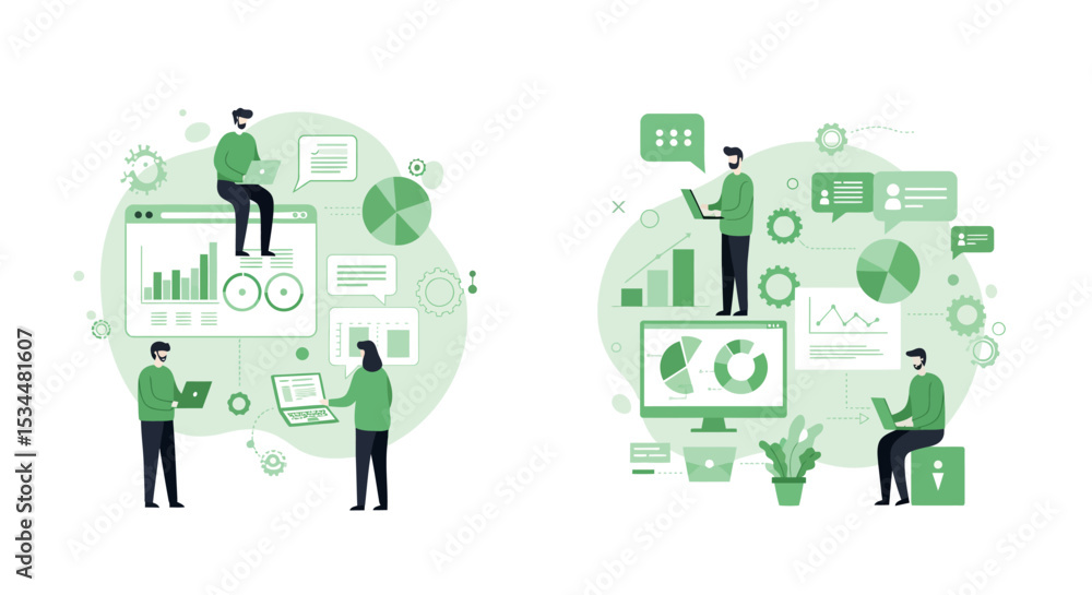Poster business team analyzing data and collaborating in office environment vector illustration