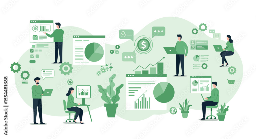 Poster diverse team collaborating on data analytics and financial growth in office setting vector illustrat