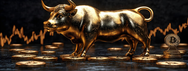 Golden bull statue on bitcoin coins with stock market graph investment concept art
