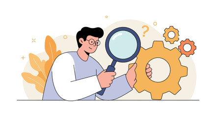Young caucasian male analyzing gear with magnifying glass in conceptual illustration vector illustration