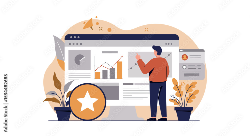 Poster male adult analyzing data on interactive dashboard with charts and graphs vector illustration