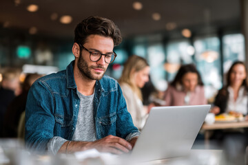 Young male digital nomad entrepreneur working on laptop in a cafe. 