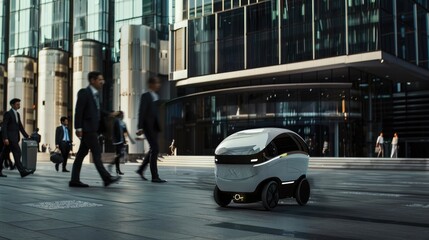 A small delivery robot navigates a busy office district. Business professionals in suits walk by, modern urban life and technology integration