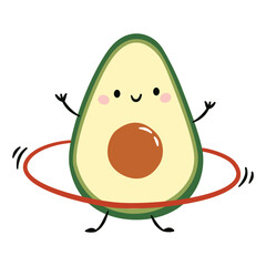 Cute avocado twirling halahoop and exercising. Flat vector illustration on white background in simple child style. Vector illustration