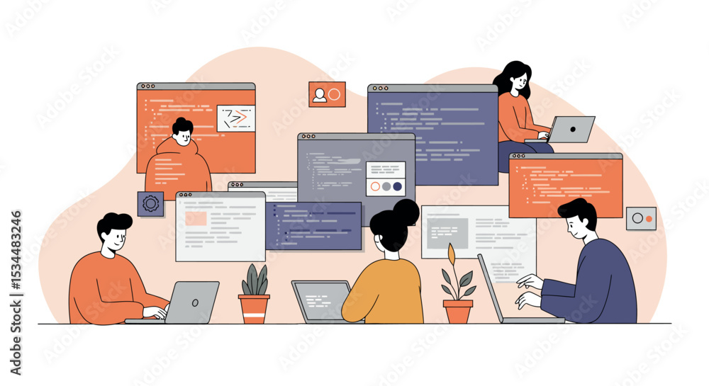Poster diverse team collaborating on software development with laptops and code interfaces vector illustrat