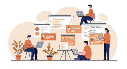 Team collaboration on software development projects with multi-device integration vector illustration