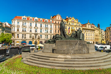 A view north across the centre of the old town square in central Prague in springtime