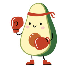 Cute avocado doing boxing. Flat vector illustration on white background in simple child style. Vector illustration