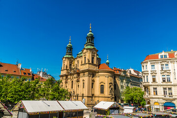 A view northwest from the centre of the old town square in central Prague in springtime