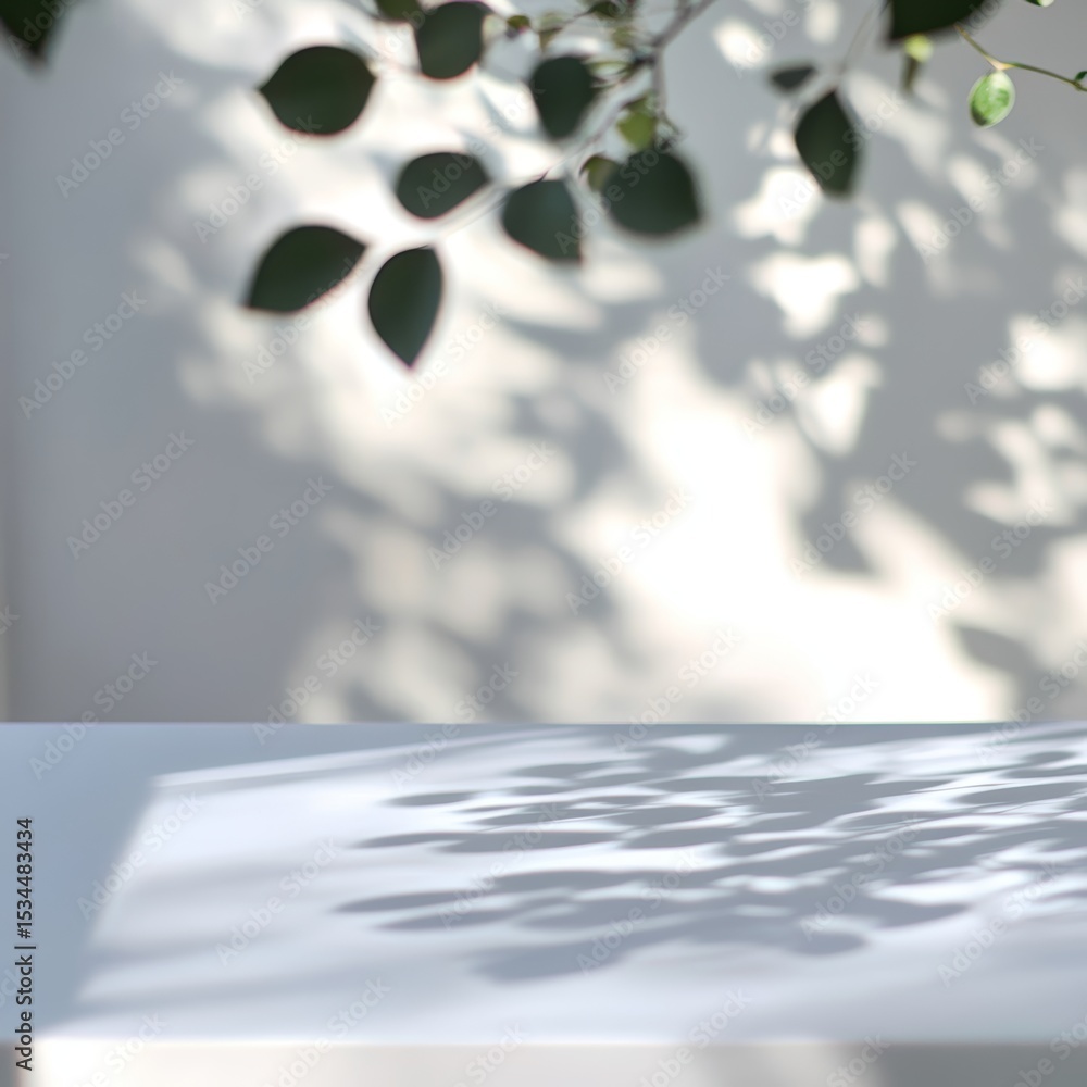 Poster sunlight filters through leaves casting intricate shadows on a light surface, creating a calm ambian