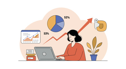 Female asian adult analyzing data on laptop with growth charts and pie graphs vector illustration