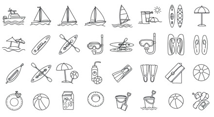 Nautical and beach-themed outline icons: boats, snorkeling, kayaks, beach gear vector illustration