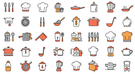 Collection of colorful kitchen utensil icons featuring chefs and cooking tools vector illustration