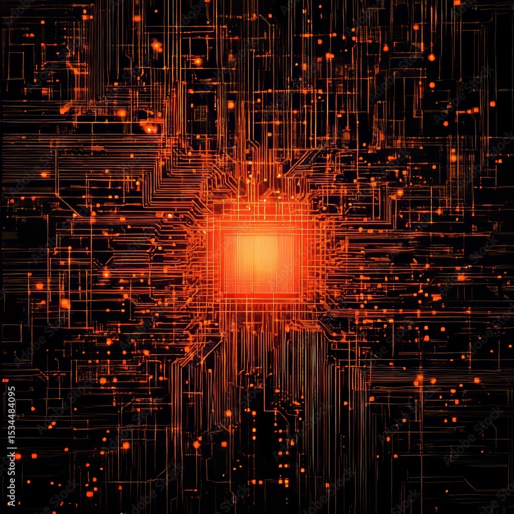 Poster abstract representation of a glowing microchip surrounded by intricate circuitry on a dark backgroun