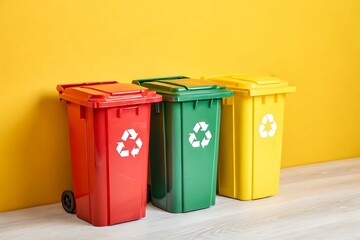 Three Color-Coded Recycling Bins on Yellow Background