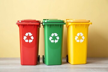Three Color-Coded Recycling Bins on Yellow Background