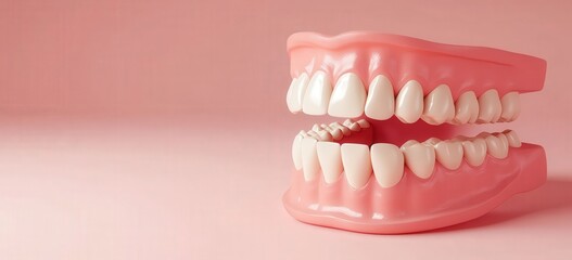 Obraz premium Front view of dental model of teeth on pink background with copy space, symbolizing oral health; shot with wide-angle lens for realistic, detailed appearance.