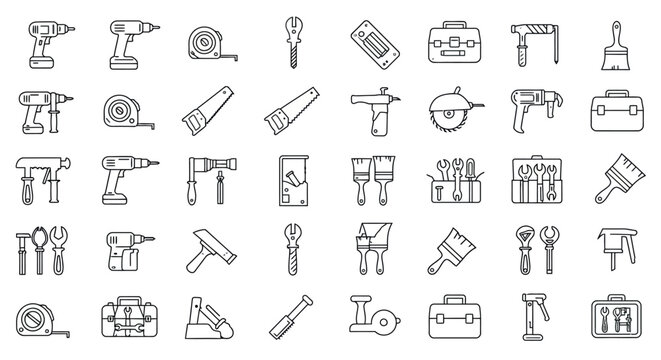 Outline icons of various tools and equipment in a grid pattern vector illustration