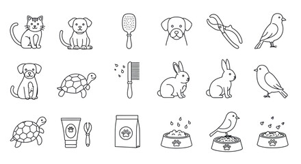 Outline illustrations of pets and accessories featuring dogs, cats, birds, rabbits, turtles vector illustration