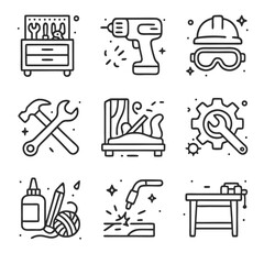 Workshop icon with nine handdrawn tool icons perfect for DIY and crafting projects. Ideal for creative and versatile design needs.