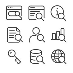 Search icon with data analysis icons for insightful exploration, perfect for technology, analytics, research, business presentations, and infographic design.