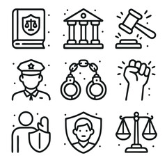 Law and justice icons like gavel, handcuffs. Perfect for legal websites, presentations, articles, and educational materials on law and justice.