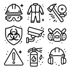 Safety equipment icons suitable for workplace safety materials, presentations, educational resources, infographics, construction websites, and safety training materials.