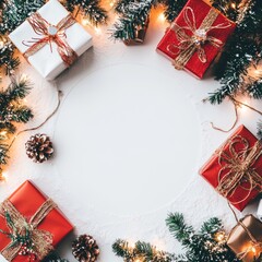 Colorful Wrapped Gifts Surrounded by Pine Branches and Festive Decorations Create a Cozy Holiday Atmosphere for Celebration and Giving