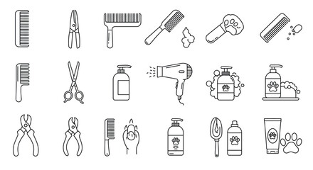 Obraz premium Pet grooming tools: brushes, combs, scissors, clippers, shampoo, conditioner, dryer vector illustration