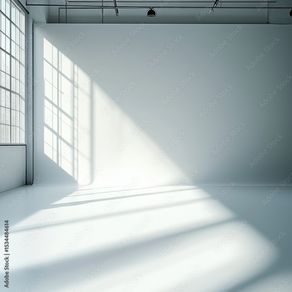 Poster empty bright studio space featuring large windows casting long shadows on the floor during daylight 