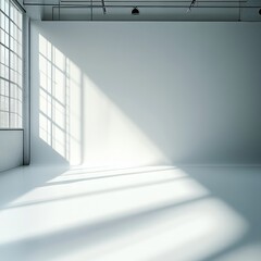 Obraz premium Empty Bright Studio Space Featuring Large Windows Casting Long Shadows on the Floor During Daylight Hours