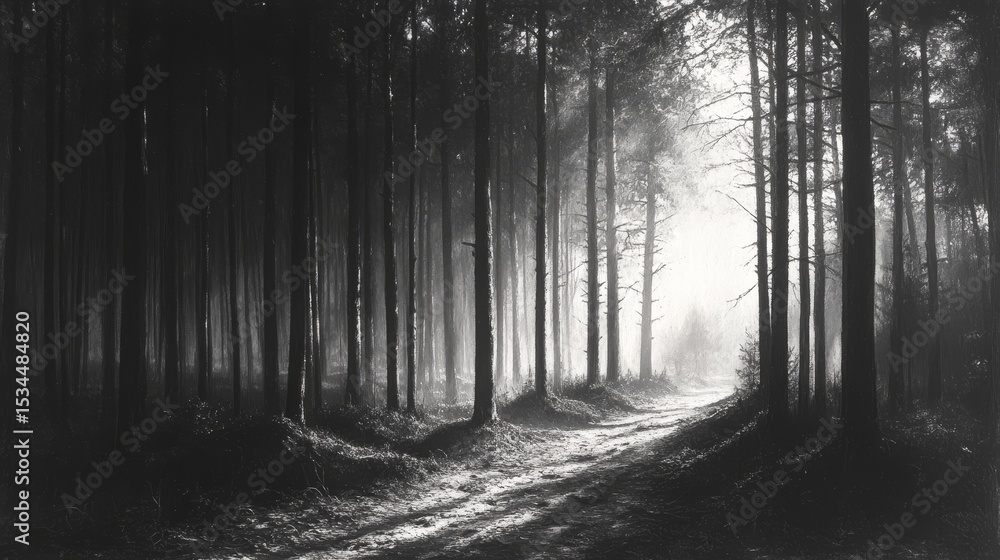 Poster misty forest path surrounded by tall trees under soft morning light creating a serene and tranquil a